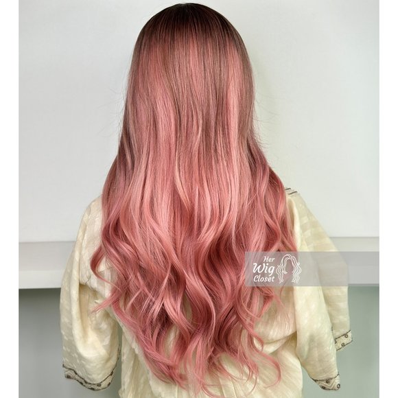 Sakura Pink Hair Ombre Pastel Pink Wig Dark Roots Wavy Wig  | Anaella - Picture 6 of 8